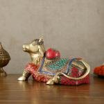 Brass Nandi Statue with Stonework | 15" x 6.5" x 8.5" | 9 kg | Stone Inlay Art | Traditional Hindu Temple Bull Sculpture | Sacred Decor | Jaipurio